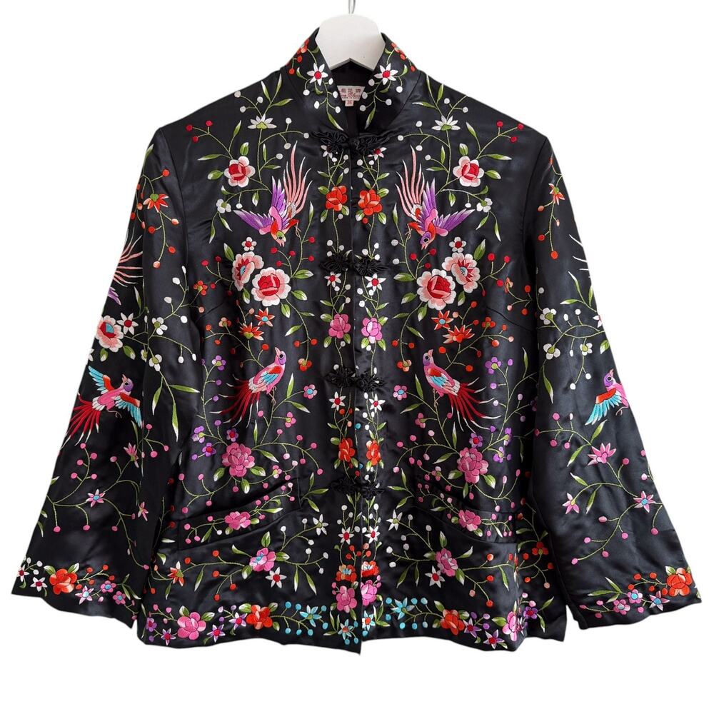Plum Blossoms Vintage Silk Embroidered Floral Bird Mandarin Jacket Size 36